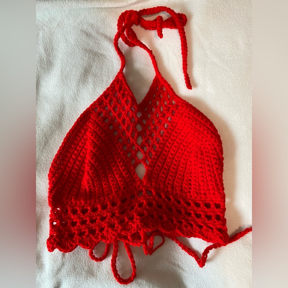 Red Crochet Halter Crop Top